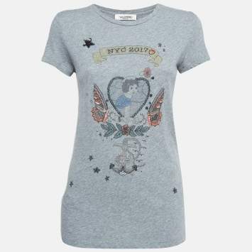 Pre Owned Valentino Grey Embellished/Printed Jersey T-shirt XS