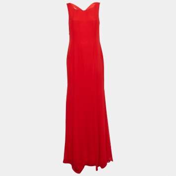 Pre Owned Valentino Red Silk Ruffled Maxi Dress L