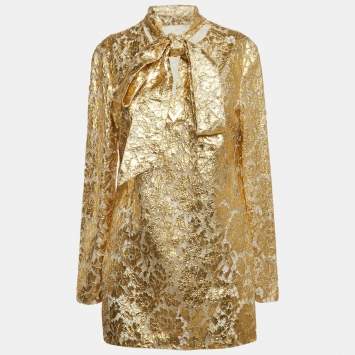 Pre Owned Valentino Gold Floral Lace Neck-Tie Detail Top M