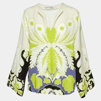 Pre Owned Valentino Cream Tropical World Arazzo Print Silk Blouse M
