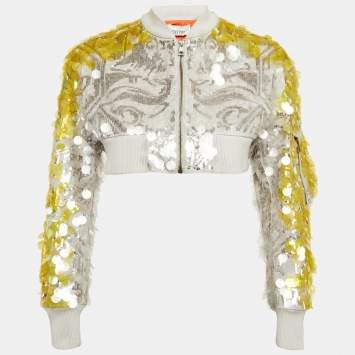 Pre Owned Valentino Yellow/Grey Sequin Embellished Cotton Crop Jacket S