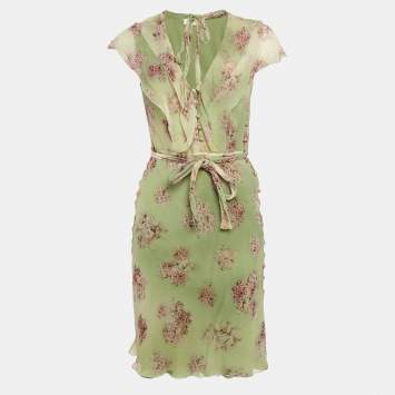 Pre Owned Valentino Roma Vintage Green Floral Print Chiffon Short Dress M