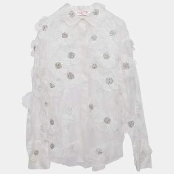 Pre Owned Valentino White Floral Embellished Organza Silk Sheer Shirt XS
