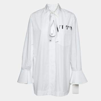 Pre Owned Valentino White Logo Print Poplin Tie-Up Neck Detail Oversize Shirt L