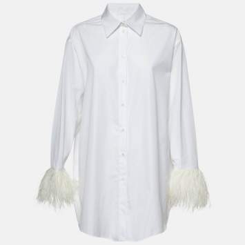 Pre Owned Valentino White Cotton Feather Cuff Trim Button Front Shirt L