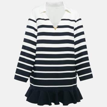 Pre Owned Valentino Navy Blue/White Stripe Wool Blend Ruffled Mini Dress M