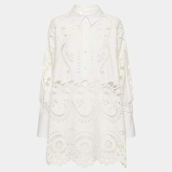 Pre Owned Valentino White Broderie Anglaise Cotton Mini Shirt Dress L