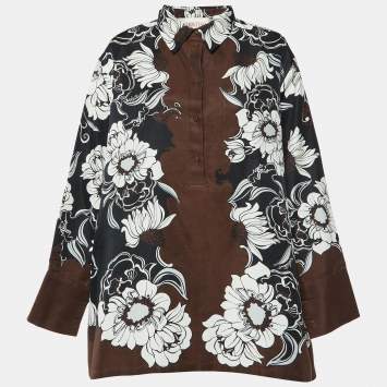 Pre Owned Valentino Brown Street Flowers Daisyland Print Cotton & Silk Shirt Dress M