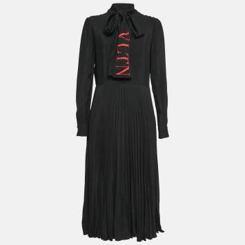 Pre Owned Valentino Black VLTN Print Crepe Pleated Midi Dress S