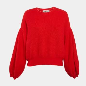 Pre Owned Valentino Red Rib Knit Wool Blend Balloon Sleeve Sweater M