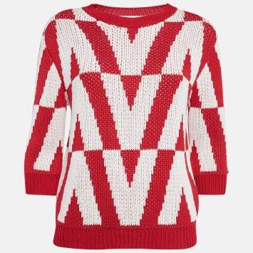 Pre Owned Valentino Red/White V Pattern Knit Sweater L