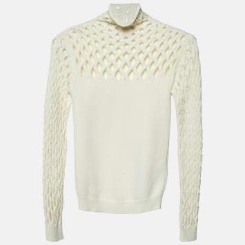 Pre Owned Valentino Ivory White Mesh Knit High Neck Jumper M