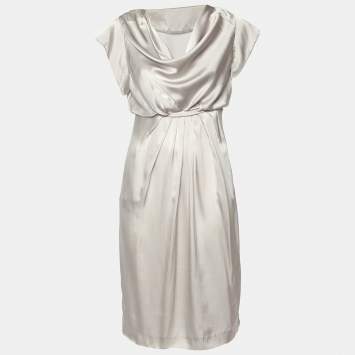 Pre Owned Valentino Grey Satin Silk Pleated Long Dress M