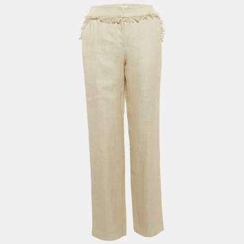 Pre Owned Valentino Beige Linen Fringed Trousers L