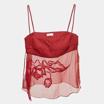 Pre Owned Valentino Red Embroidered Silk and Crepe Strappy Top L
