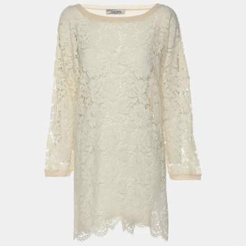 Pre Owned Valentino Cream Lace Knit Fabric Sweater L