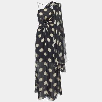 Pre Owned Valentino Black Polka Dot Print Silk Asymmetric Dress L