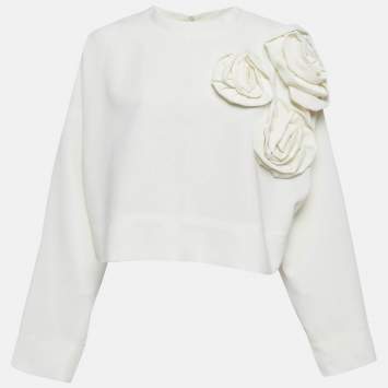 Pre Owned Valentino White Floral Applique Crepe Loose Fit Top M