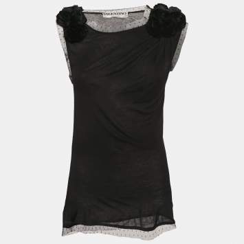 Pre Owned Valentino T-Shirt Couture Black Floral Applique Tulle Trim Jersey Sleeveless T-Shirt M