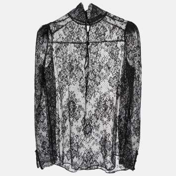 Pre Owned Valentino Black Lace Sheer Full Sleeve Blouse L 