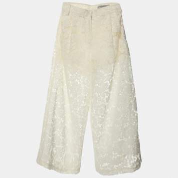 Pre Owned Valentino Cream Lace Wide Leg Trouser XS