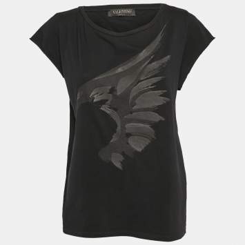 Pre Owned Valentino Black Eagle Print Jersey Cap Sleeve T-Shirt L