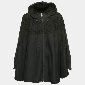 مملوكة مسبقًا Valentino Black Lace Trim Cotton Knit Hooded Poncho M