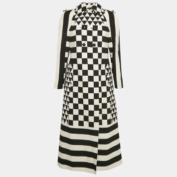 Pre Owned Valentino Black/White Geometric Print Wool Blend Double Breasted Couture Dress M