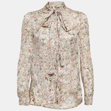Pre Owned Valentino Grey Printed Silk Button Front Blouse M