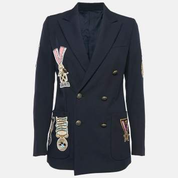 Pre Owned Valentino Navy Blue Badge Applique Wool Double Breasted Blazer S