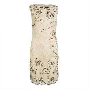 Pre Owned Valentino Beige Embellished Floral Lace Overlay Ruched Sleeveless Dress M