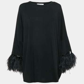 Pre Owned Valentino Black Cotton Feather Trimmed Tunic Top XS