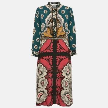 Pre Owned Valentino Multicolor Printed Silk Full Sleeve Midi Dress M