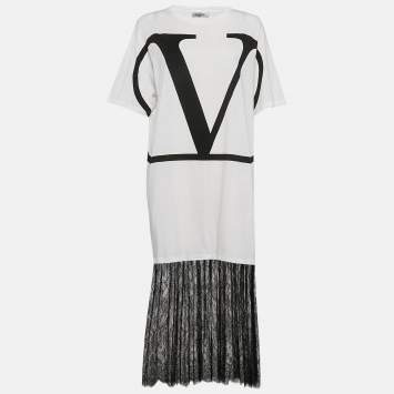 Pre Owned Valentino White Logo Print Cotton Knit and Lace Flared Midi Dress M