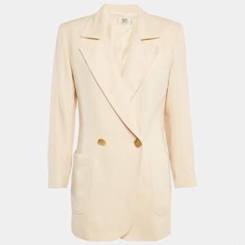 Pre Owned Valentino Vintage Cream Basket Weave Double Breasted Blazer M
