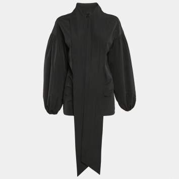 Pre Owned Valentino Black Cotton Blend Tie-Up Neck Detail Puff Sleeve Top S