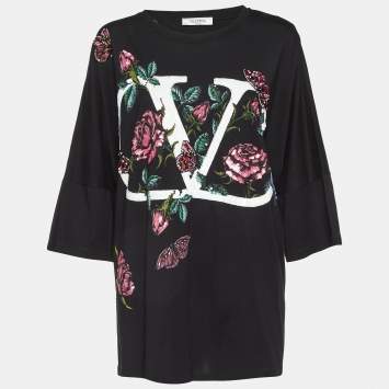 Pre Owned Valentino Black V Logo Embellished Cotton Ruched Waist T-Shirt M