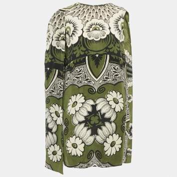 Pre Owned Valentino Green Abstract Print Silk Cape Mini Dress L
