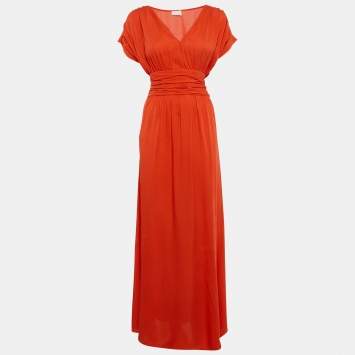 Pre Owned Valentino Orange Silk Crepe Tie-Up Detail Waist Maxi Dress M