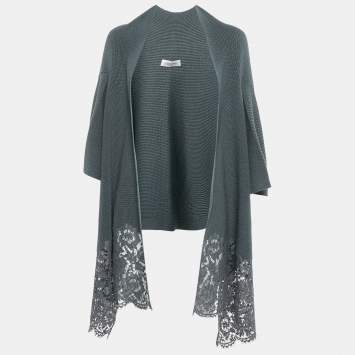 Pre Owned Valentino Grey Wool Rib Knit & Lace Trim Open Cardigan M