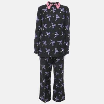 Pre Owned Valentino Black Floral Print Wool Blend Top and Pants Set M