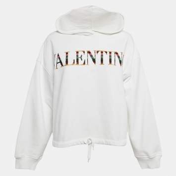 Pre Owned Valentino White Logo Sequin Embellished Cotton Knit Hoodie M