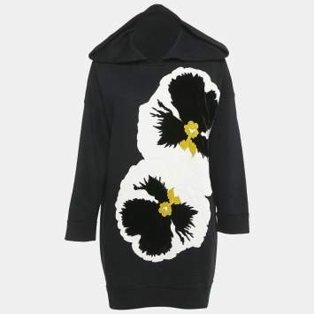 Pre Owned Valentino Black Velvet Pansy Applique Cotton Oversized Hoodie M
