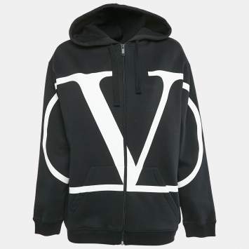 Pre Owned Valentino Black Vlogo Print Cotton Zip Up Hoodie S