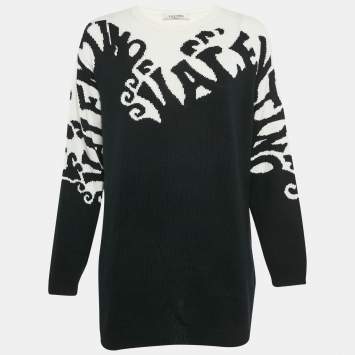 Pre Owned Valentino White/Black Logo Jacquard Cashmere Knit Sweater S