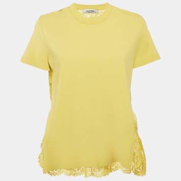 Pre Owned Valentino Yellow Lace and  Jersey Crew Neck Top M