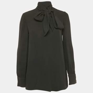 Pre Owned Valentino Black Silk Blend Crepe Tie-Up Neck Detail Top M