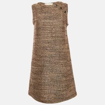 Pre Owned Valentino Brown/Beige Tweed Sleeveless Mini Dress M