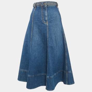 Valentino Blue Denim Braid Detail Waist Midi Skirt S