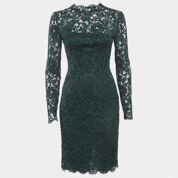 Pre Owned Valentino Dark Green Lace Full Sleeve Short Dress S
